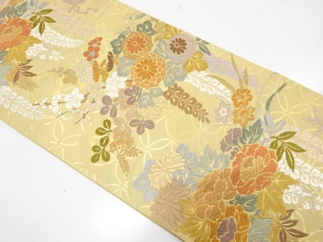 JAPANESE KIMONO / FUKURO OBI / SILK / KARA-ORI / WOVEN KIKU & WISTERIA & PEONY